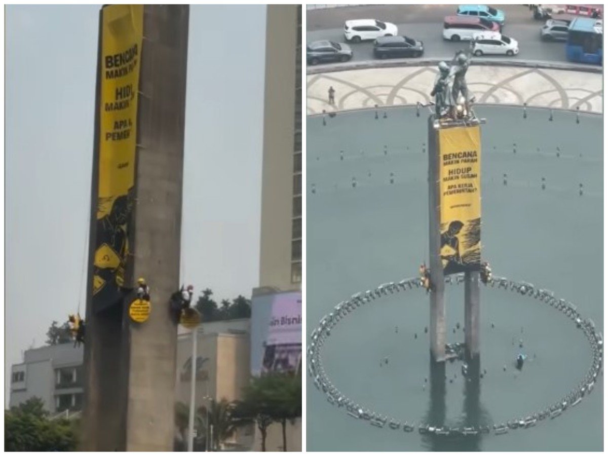 Greenpeace Activists Scale Welcome Monument in Jakarta, Unfurl Banners Demanding Climate Action and Lower Living Costs